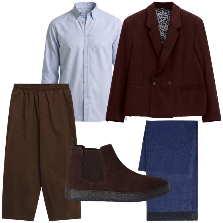 Outfit uomo - Blazer over. Stile Casual per Ufficio. Abbinamento con sciarpe, stivali e stivaletti, camicie, giacche, pantaloni a palazzo.