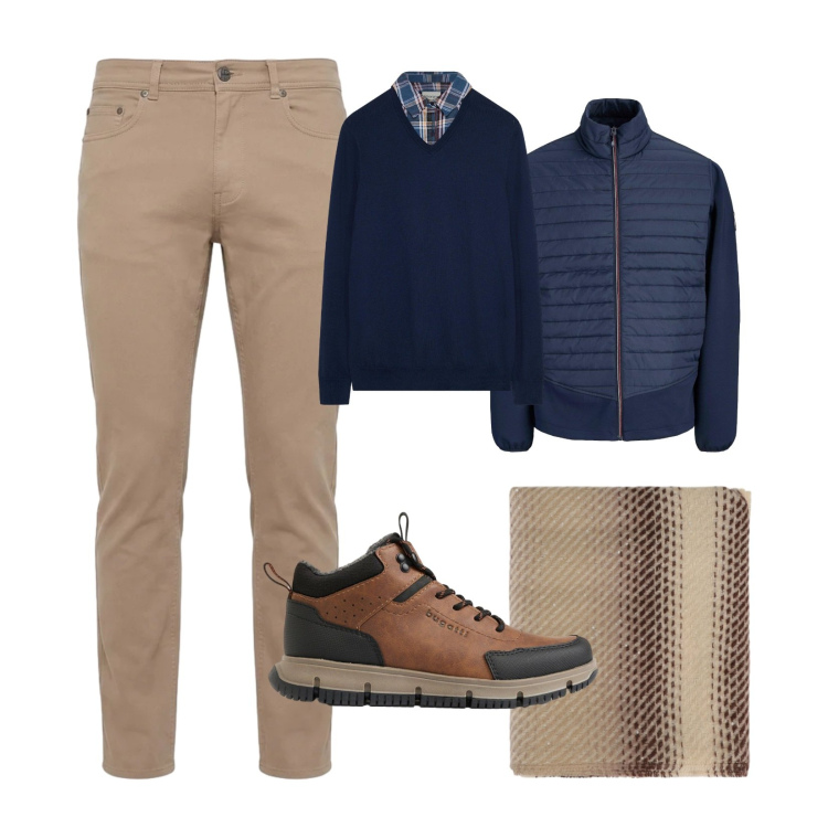 Outfit uomo - Sfumature cammello e navy. Stile Casual per Ufficio. Abbinamento con pantaloni, sciarpe, maglieria, giacche, stivali e stivaletti.