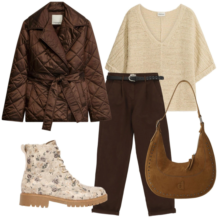 Outfit donna - Giacca trapuntata. Stile Casual per Ufficio. Abbinamento con borse a spalla, pantaloni, giacche, t-shirt, anfibi.