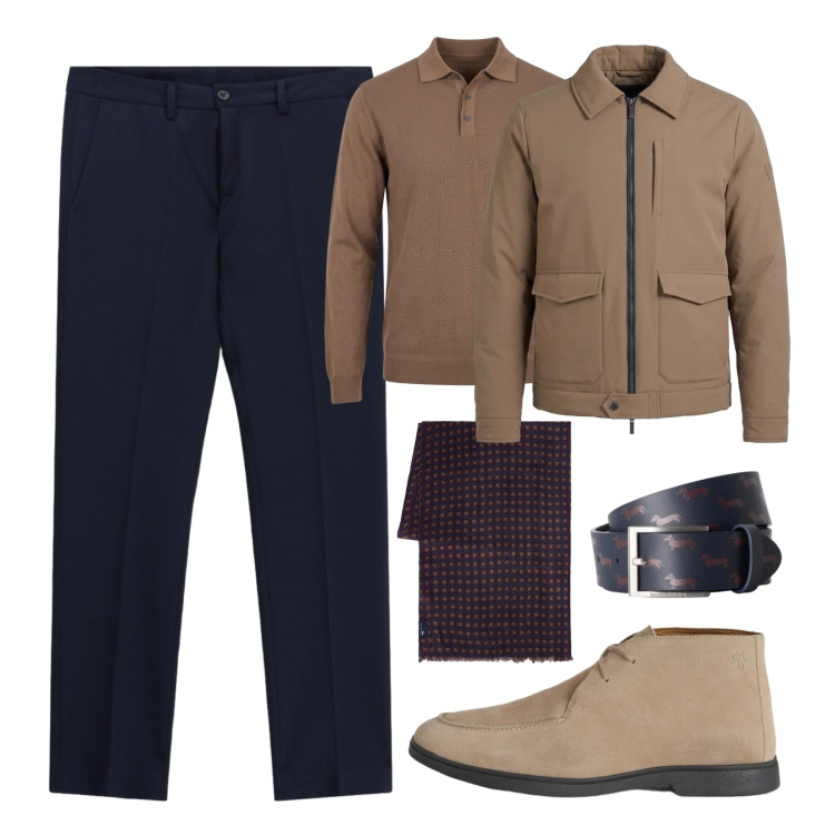 Outfit uomo - Sfumature autunnali. Stile Urban per Ufficio. Abbinamento con stivali e stivaletti, cinture, giacche, sciarpe, polo, pantaloni.
