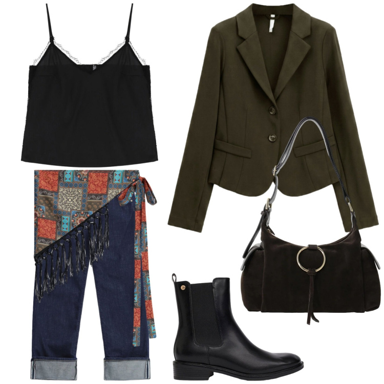 Outfit donna - Total look #2497620. Stile Trendy per Tutti i giorni. Abbinamento con top, borse a spalla, blazer, jeans dritti, cinture, stivaletti.