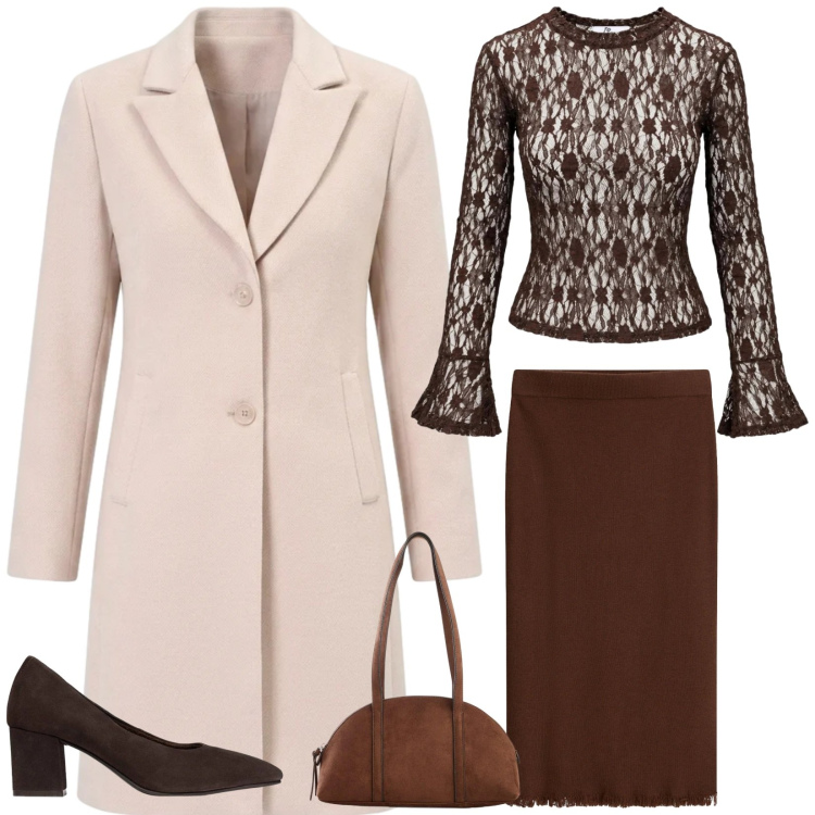 Outfit donna - Total look #2497623. Stile Chic per Serata fuori. Abbinamento con top, cappotti, gonne longuette, borse a tracolla, décolleté.