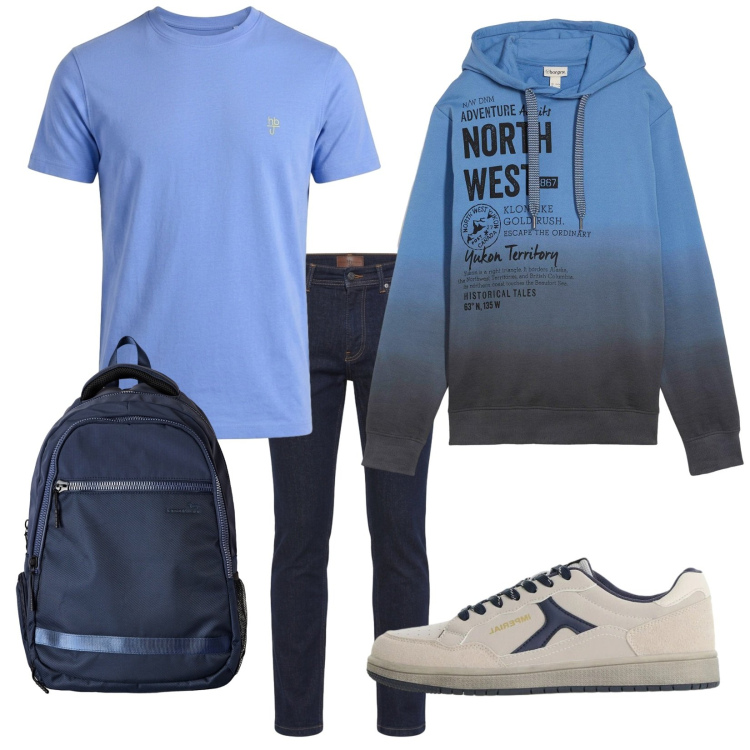 Outfit uomo - Total look #2497630. Stile Casual per Tutti i giorni. Abbinamento con t-shirt, borse sportive, jeans, sneakers, felpe con cappuccio.