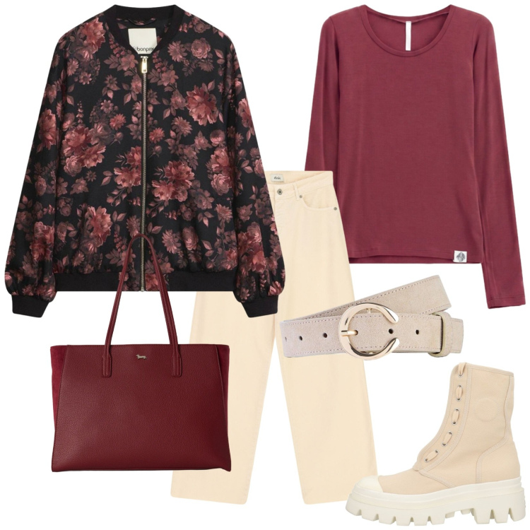Outfit donna - Bomber a fiori. Stile Trendy per Tutti i giorni. Abbinamento con shopping bag, t-shirt, jeans dritti, stivaletti, cinture, bomber.