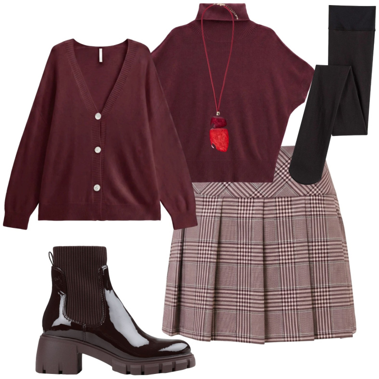 Outfit donna - Bordeaux. Stile Casual per Tutti i giorni. Abbinamento con pullovers, cardigans, ciondoli, minigonne, stivaletti, collant.