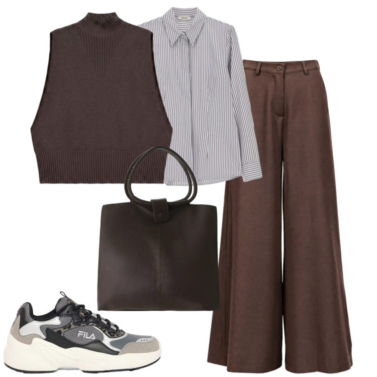 Outfit donna - City. Stile Casual chic per Tutti i giorni. Abbinamento con pantaloni a palazzo, gilet, borse a spalla, camicie, sneakers.