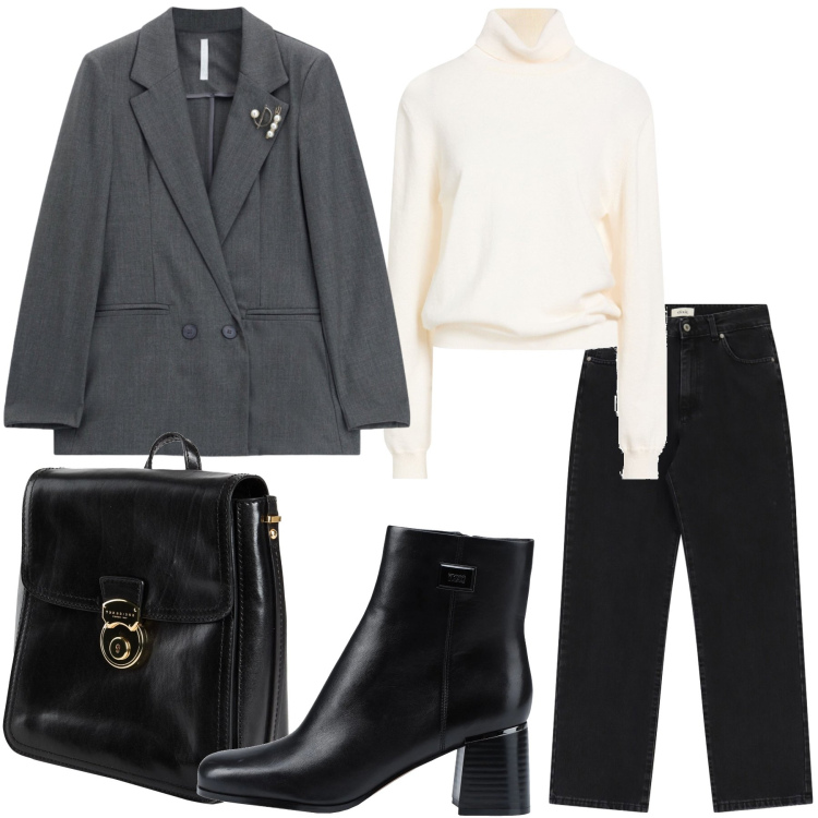 Outfit donna - Minimalismo Anni '90. Stile Minimal per Tutti i giorni. Abbinamento con blazer, jeans dritti, maglieria, zaini, stivaletti.