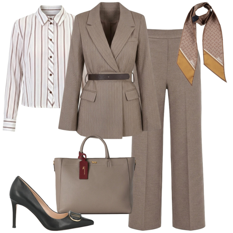 Outfit donna - Rinascimento. Stile Chic per Tutti i giorni. Abbinamento con borse a mano, blazer, camicie, pantaloni, sciarpe, décolleté.