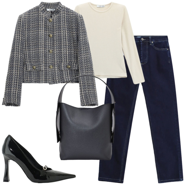 Outfit donna - City. Stile Casual chic per Tutti i giorni. Abbinamento con décolleté, jeans slim fit, cappotti, t-shirt, borse a spalla.