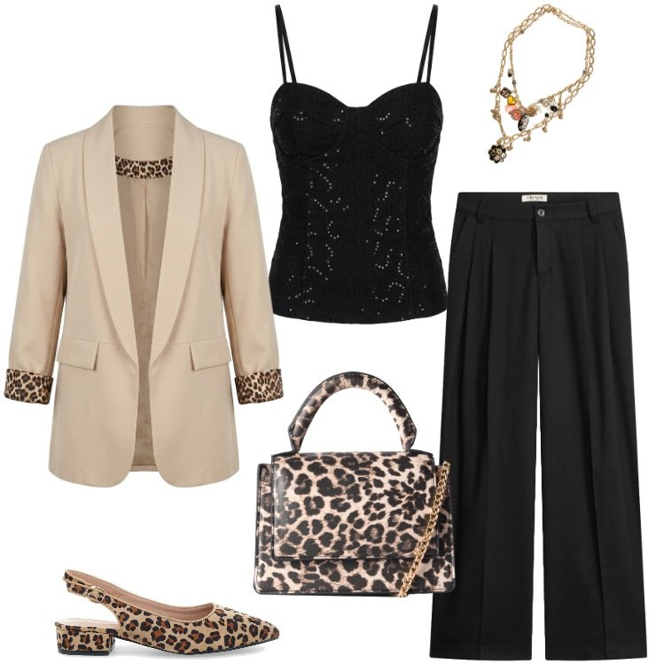 Outfit donna - Total look #2497660. Stile Glamour per Serata fuori. Abbinamento con blazer, top, collane, borse a tracolla, pantaloni a palazzo, ballerine.