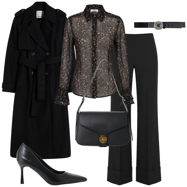 Outfit donna - Serata. Stile Trendy per Serata fuori. Abbinamento con camicie, cinture, décolleté, borse a spalla, pantaloni, trench.