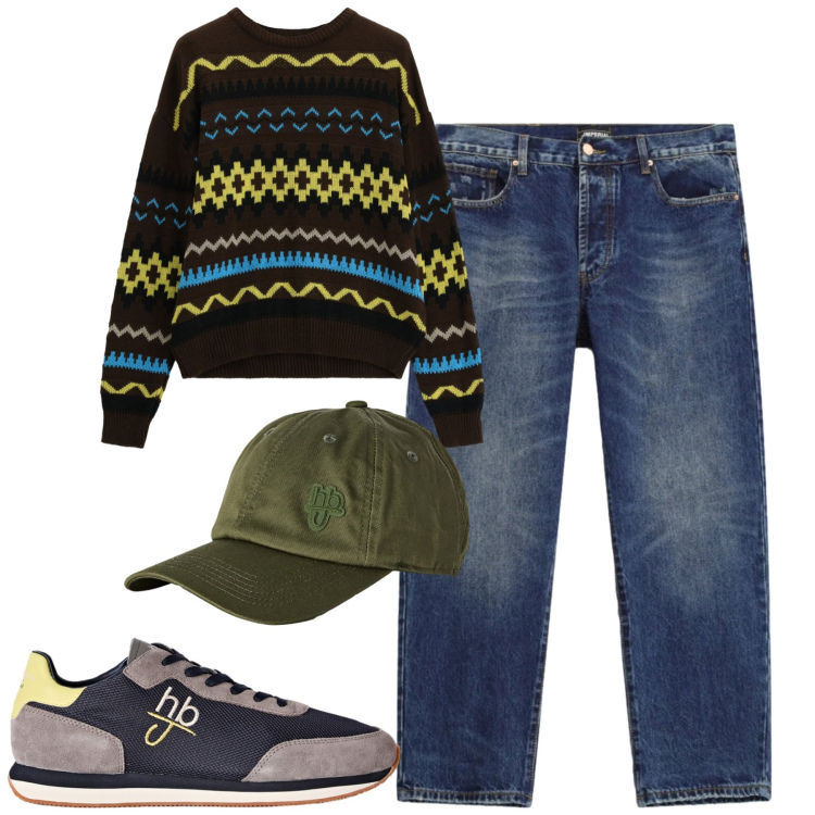 Outfit uomo - Ottobre. Stile Casual per Tutti i giorni. Abbinamento con sneakers, cappelli con visiera, maglieria, jeans dritti.