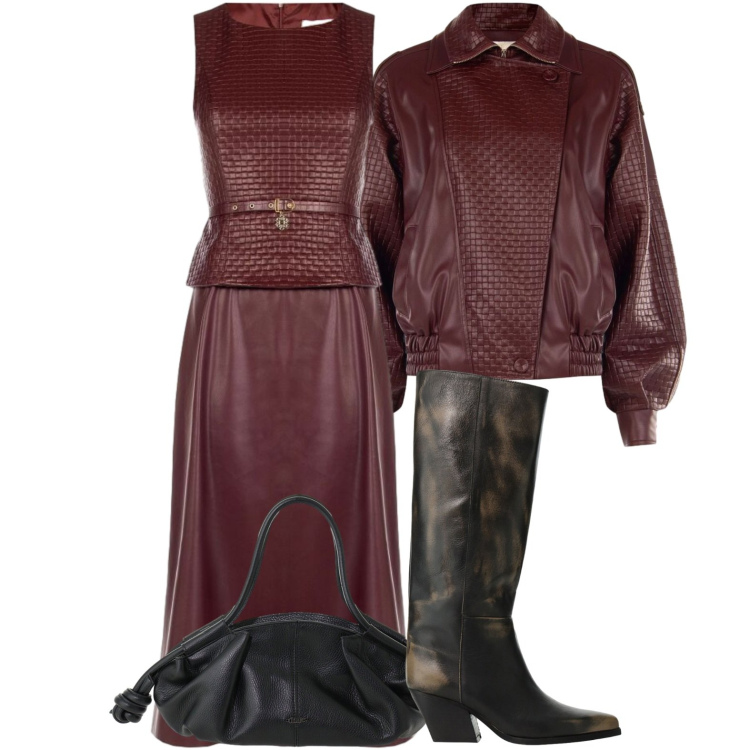 Outfit donna - Total look trendy. Stile Trendy per Tutti i giorni. Abbinamento con vestiti midi/longuette, giacche, borse a mano, stivali.
