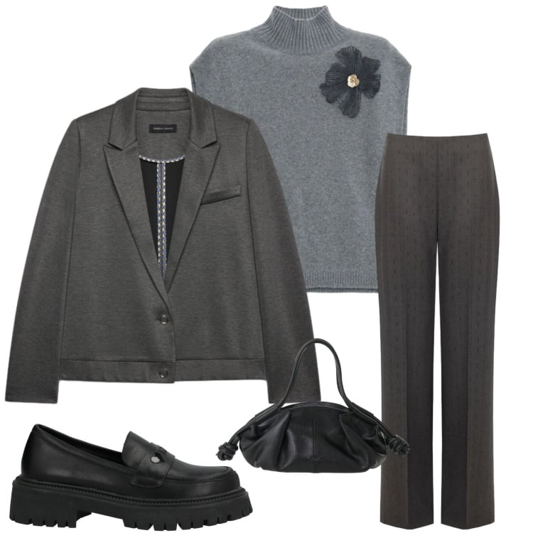 Outfit donna - Minimalismo anni 90. Stile Minimal per Tutti i giorni. Abbinamento con maglieria, blazer, pantaloni, borse a mano, mocassini.