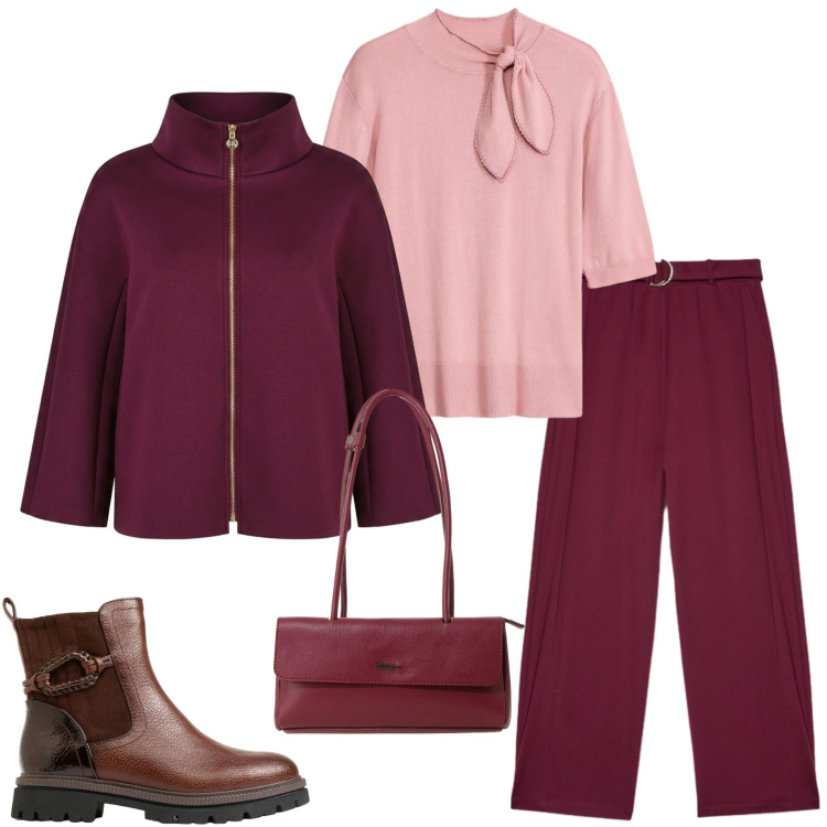 Outfit donna - Bordeaux e rosa cipria. Stile Casual chic per Tutti i giorni. Abbinamento con pantaloni a palazzo, cappotti, borse a spalla, maglieria, stivaletti.