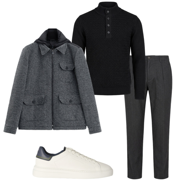 Outfit uomo - Minimalismo urbano. Stile Urban per Ufficio. Abbinamento con sneakers, pantaloni, pullovers, cappotti.