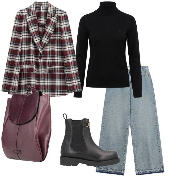 Outfit donna - Weekend anni 90. per Tutti i giorni. Abbinamento con pullovers, blazer, jeans dritti, stivaletti chelsea, zaini.