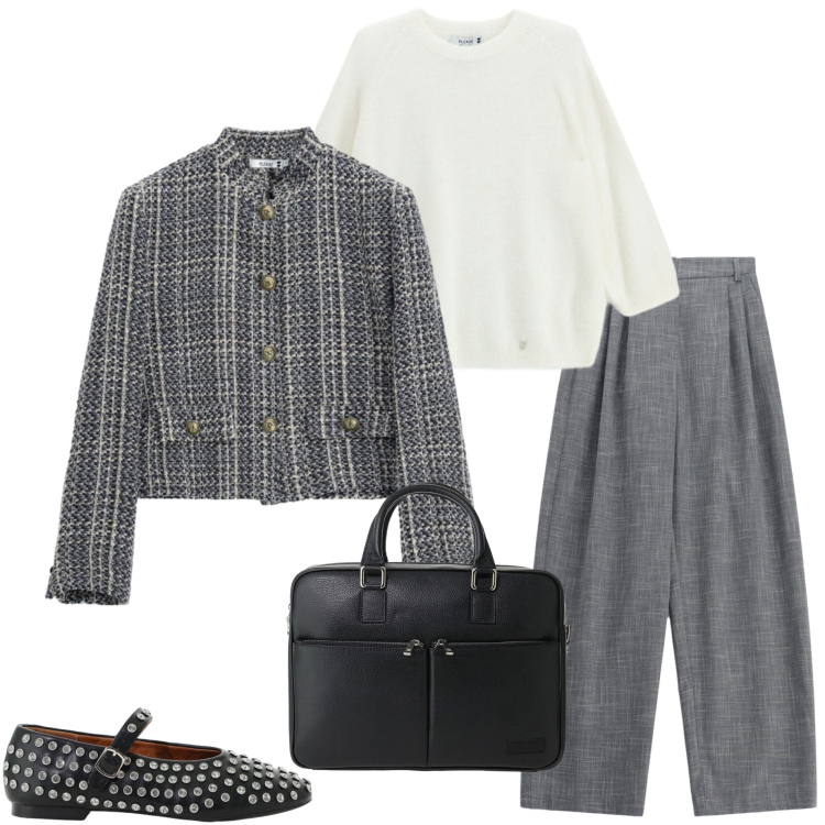 Outfit donna - In città. Stile Urban per Ufficio. Abbinamento con pantaloni a palazzo, borse messenger, cappotti, maglieria, ballerine.