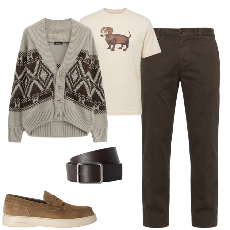 Outfit uomo - Ottimo. Stile Urban per Tutti i giorni. Abbinamento con scarpe stringate, cinture, t-shirt, pantaloni, cardigans.