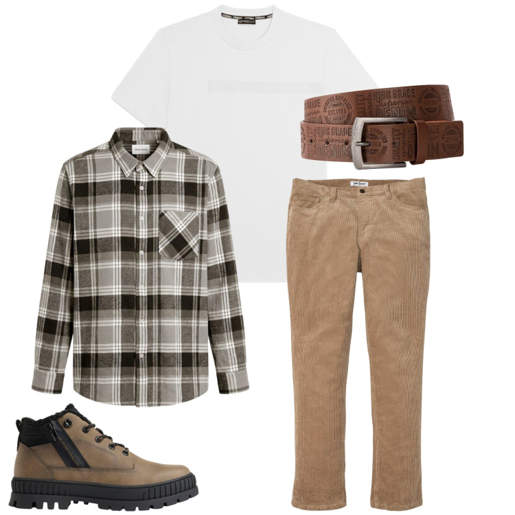 Outfit uomo - Total look #2497703. Stile Casual per Tutti i giorni. Abbinamento con t-shirt, cinture, pantaloni, camicie, stivali e stivaletti.