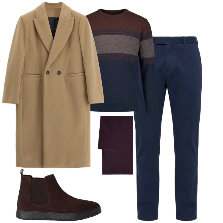 Outfit uomo - City. Stile Business/Elegante per Tutti i giorni. Abbinamento con pantaloni, maglieria, stivali e stivaletti, sciarpe, cappotti.