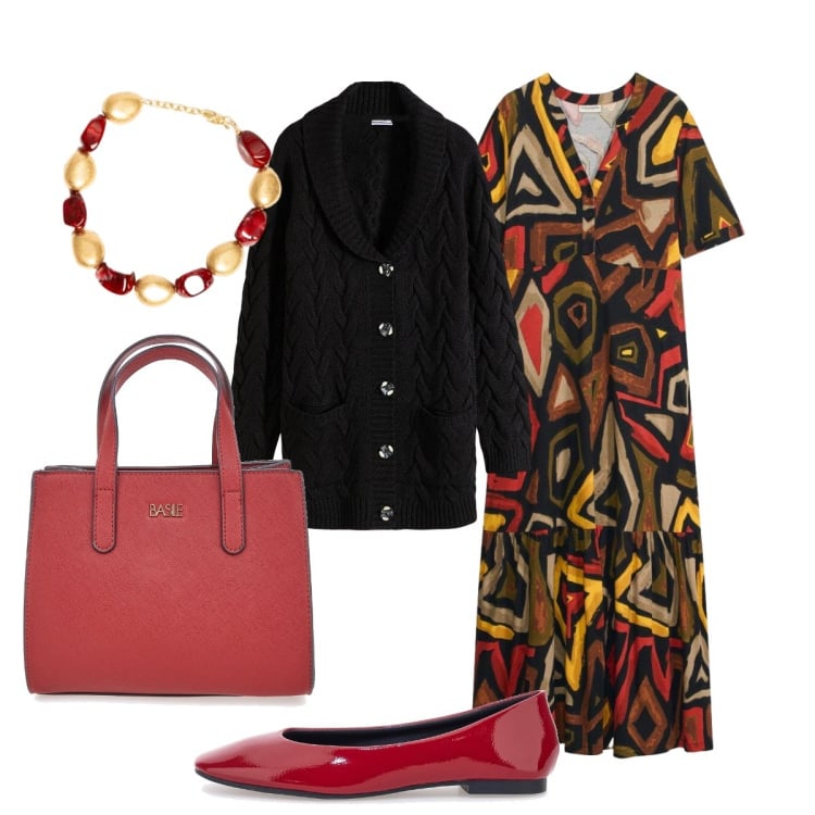 Outfit donna - POP of red Donna Curvy. Stile Chic per Tutti i giorni. Abbinamento con collane, cardigans, borse a tracolla, vestiti lunghi, ballerine.