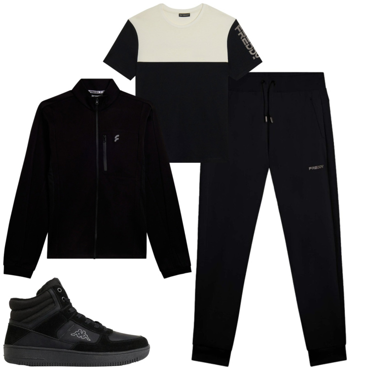 Outfit uomo - Freddy. Stile Casual per Tutti i giorni. Abbinamento con pantaloni, t-shirt, felpe, sneakers alte.