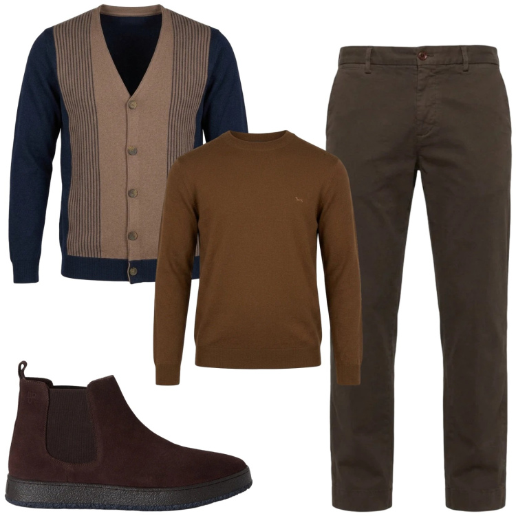 Outfit uomo - Total look #2497748. Stile Trendy per Serata speciale. Abbinamento con pantaloni, cardigans, stivali e stivaletti, maglieria.