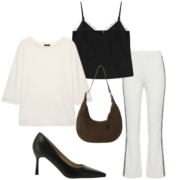 Outfit donna - Total look #2497751. Stile Chic per Serata fuori. Abbinamento con pantaloni, décolleté, top, t-shirt, borse a spalla.