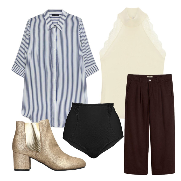 Outfit donna - Museo in autunno. Stile Casual chic per Tutti i giorni. Abbinamento con top, camicie, stivaletti chelsea, culotte, pantaloni.