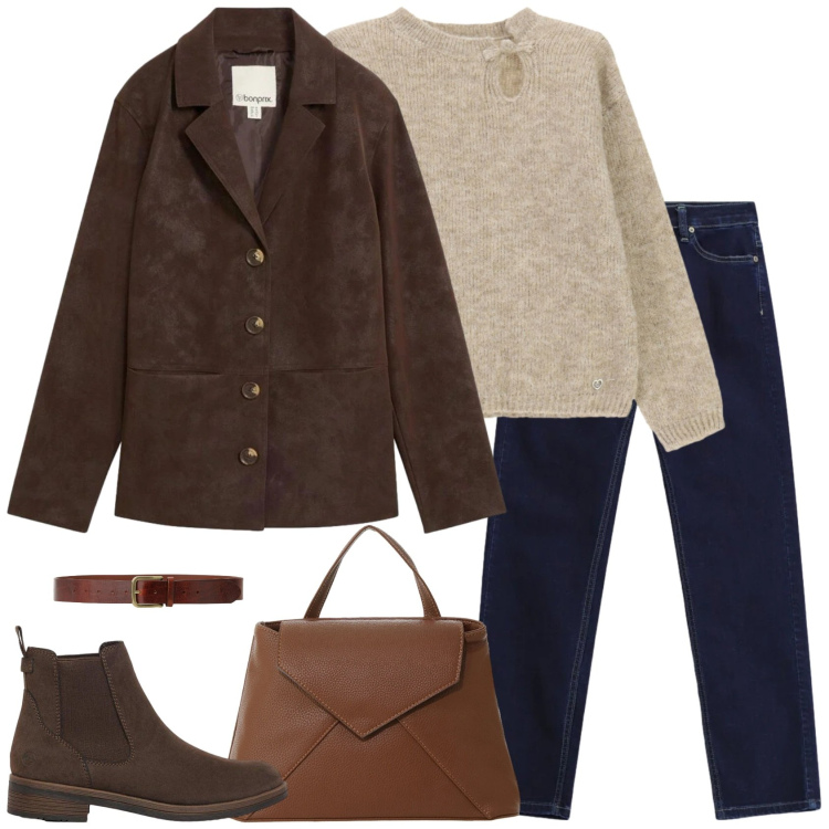 Outfit donna - Minimale. Stile Minimal per Tutti i giorni. Abbinamento con borse a mano, jeans slim fit, maglieria, cinture, blazer, stivaletti.