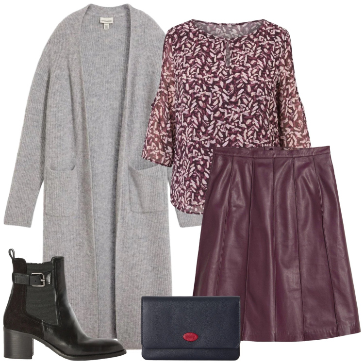 Outfit donna - Total look #2497763. Stile Casual chic per Tutti i giorni. Abbinamento con portafogli, stivaletti, bluse, cardigans, gonne.