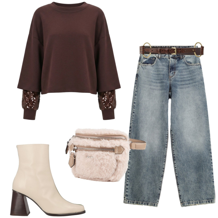 Outfit donna - Total look #2497766. Stile Casual chic per Tutti i giorni. Abbinamento con felpe, jeans dritti, cinture, stivaletti, marsupi.