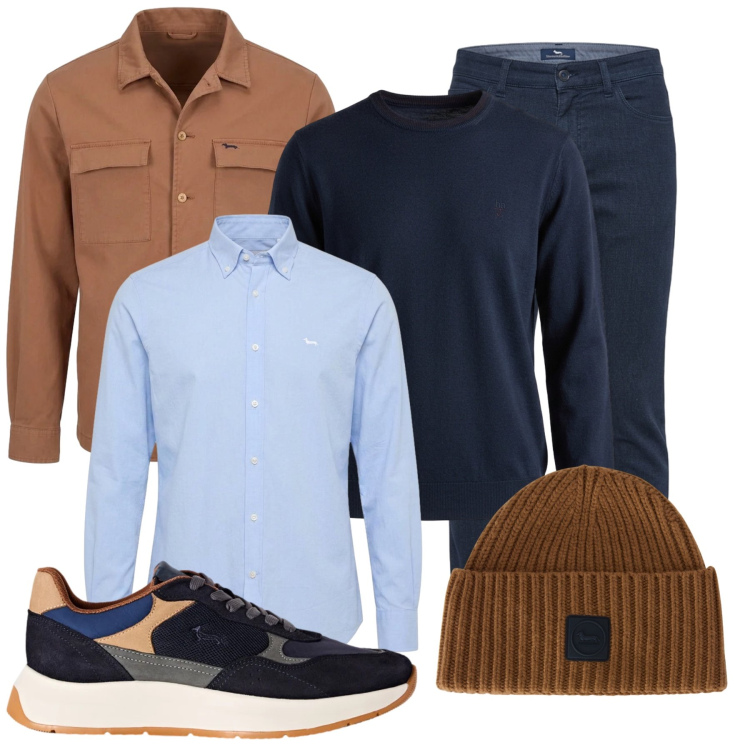 Outfit uomo - Sfumature di navy e cammello. Stile Trendy per Tutti i giorni. Abbinamento con sneakers, camicie, cappotti, berretti, maglieria, pantaloni.