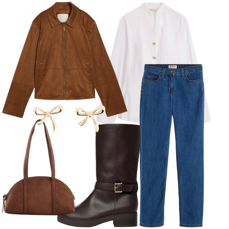 Outfit donna - Total look #2497769. Stile Casual chic per Tutti i giorni. Abbinamento con camicie, jeans dritti, blazer, borse a tracolla, stivali, orecchini.