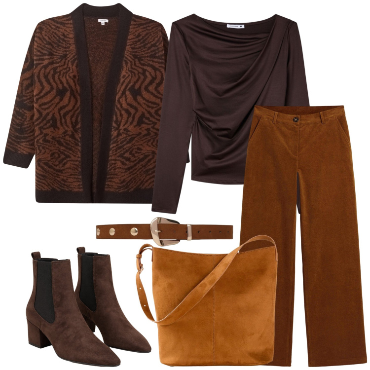 Outfit donna - Total look #2497771. Stile Casual per Tutti i giorni. Abbinamento con stivaletti, cardigans, cinture, t-shirt, pantaloni, borse a mano.