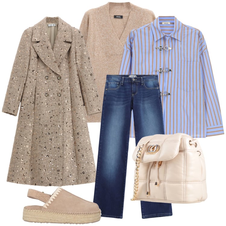 Outfit donna - Autunno in jeans. Stile Casual chic per Tutti i giorni. Abbinamento con jeans dritti, cappotti, camicie, maglieria, espadrillas, valigie.