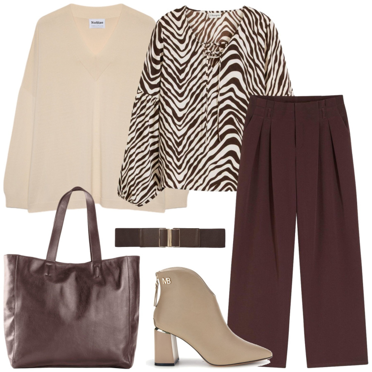 Outfit donna - Total look #2497774. Stile Casual chic per Tutti i giorni. Abbinamento con pullovers, cinture, shopping bag, bluse, pantaloni, stivaletti.