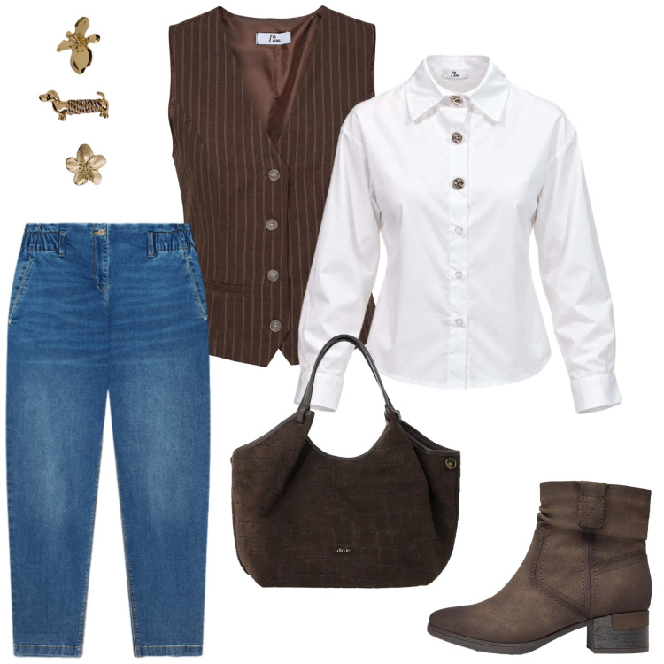 Outfit donna - Easy Fall Outfit. Stile Casual chic per Tutti i giorni. Abbinamento con camicie, gilet, jeans, portachiavi, borse a spalla, stivaletti.
