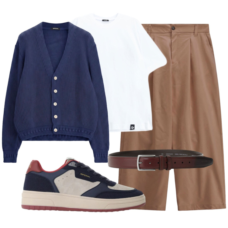 Outfit uomo - Sfumature di navy e cammello. Stile Casual per Tutti i giorni. Abbinamento con pantaloni, cinture, sneakers, cardigans, t-shirt.