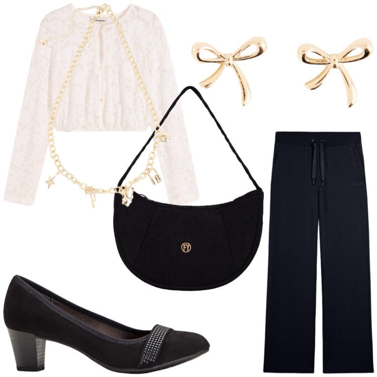 Outfit donna - Casual chic. Stile Casual chic per Tutti i giorni. Abbinamento con borse a mano, pantaloni, décolleté, camicie, collane, orecchini.