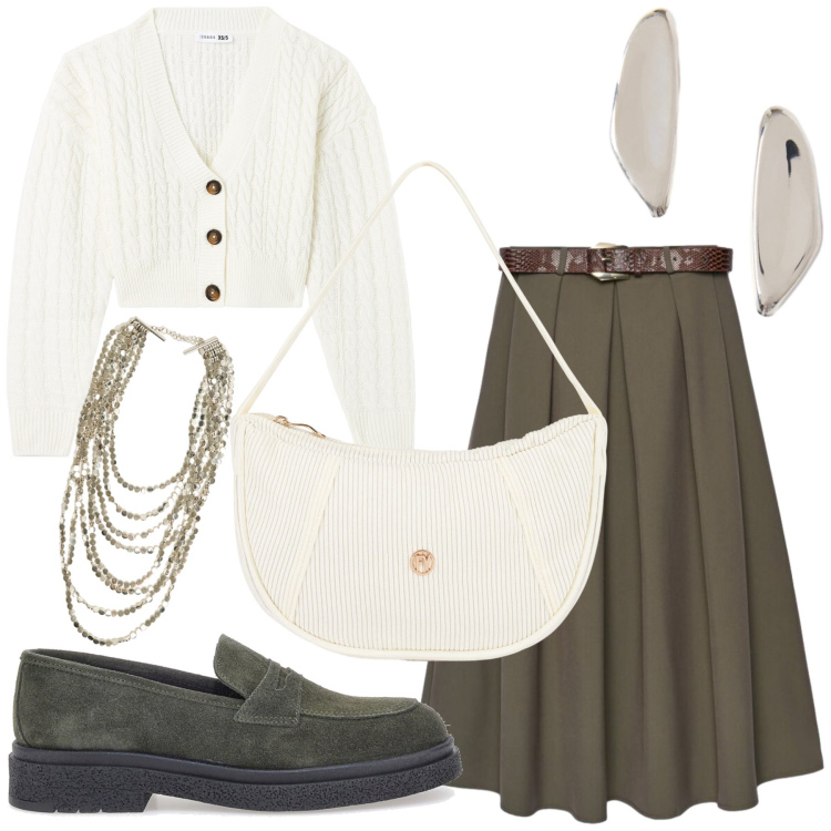 Outfit donna - Brunch. Stile Casual chic per Tutti i giorni. Abbinamento con orecchini, borse a mano, collane, cardigans, gonne lunghe, mocassini.