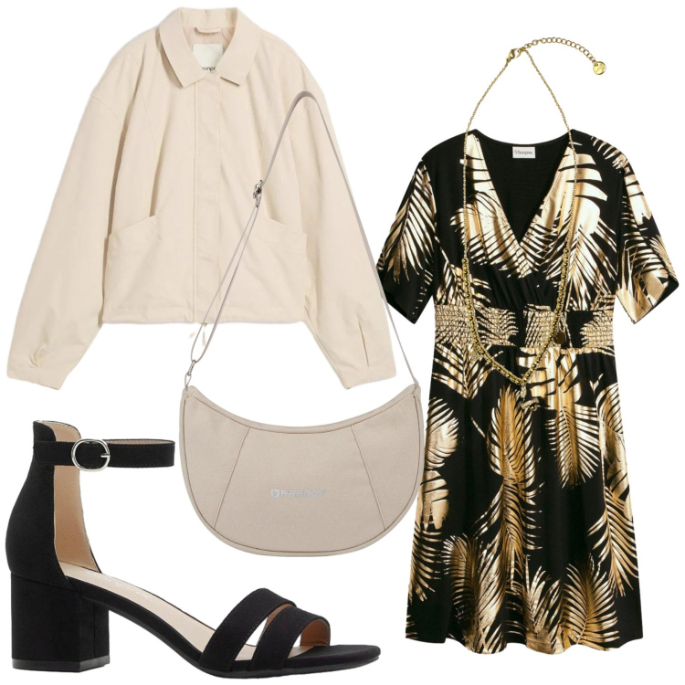 Outfit donna - Casual. Stile Casual per Tutti i giorni. Abbinamento con borse a spalla, ciondoli, bomber, sandali col tacco, vestiti.