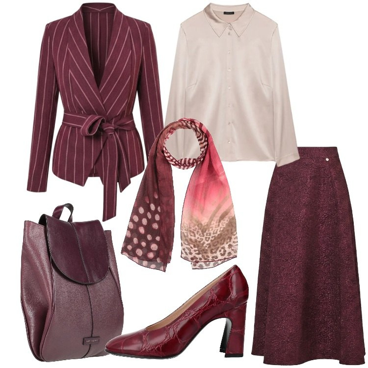 Outfit donna - Bordeaux e Rosa Cipria. Stile Chic per Ufficio. Abbinamento con camicie, gonne longuette, blazer, décolleté, sciarpe, zaini.