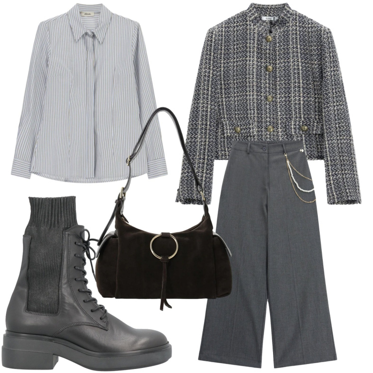 Outfit donna - Pantaloni con catene. Stile Casual per Tutti i giorni. Abbinamento con borse a spalla, pantaloni a palazzo, cappotti, camicie, stivaletti.