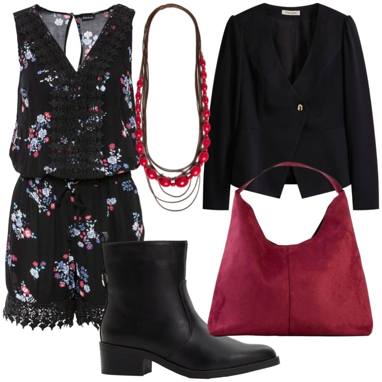 Outfit donna - Tuta originale. Stile Casual per Tutti i giorni. Abbinamento con collane, stivaletti, borse a spalla, blazer, tuta corta.