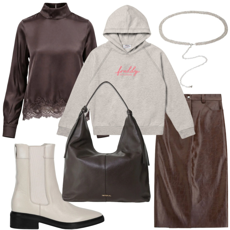Outfit donna - Satin blouse. Stile Casual per Tutti i giorni. Abbinamento con bluse, borse a spalla, cinture, felpe con cappuccio, gonne longuette, stivaletti chelsea.
