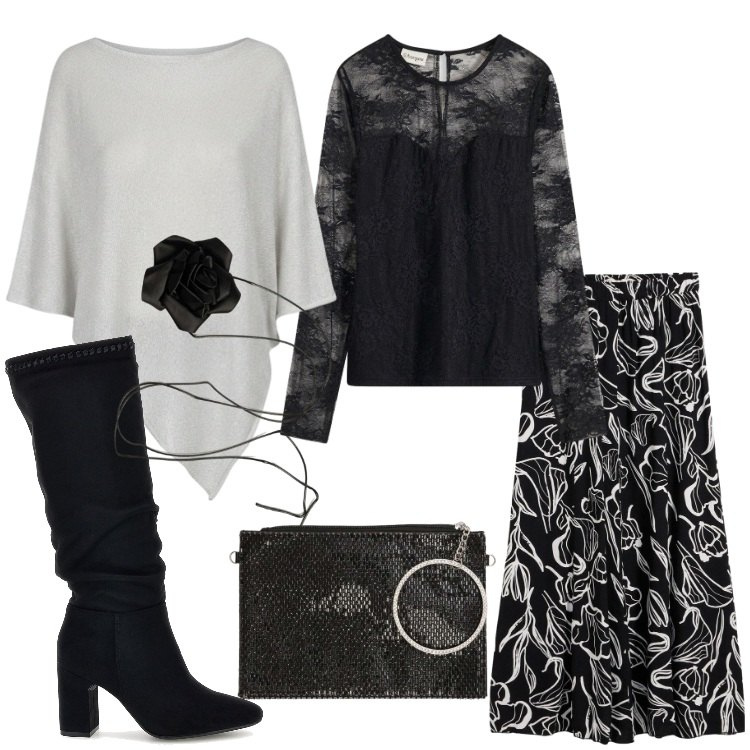 Outfit donna - Stile Boho Chic autunnale Donna Curvy. Stile Boho per Serata fuori. Abbinamento con cappotti, collane, pochette, bluse, gonne lunghe, stivali.
