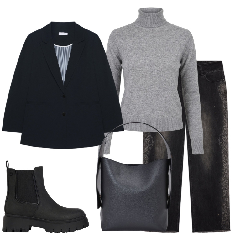 Outfit donna - Minimalismo Anni ‘90. Stile Minimal per Ufficio. Abbinamento con blazer, jeans, pullovers, borse a spalla, stivaletti.