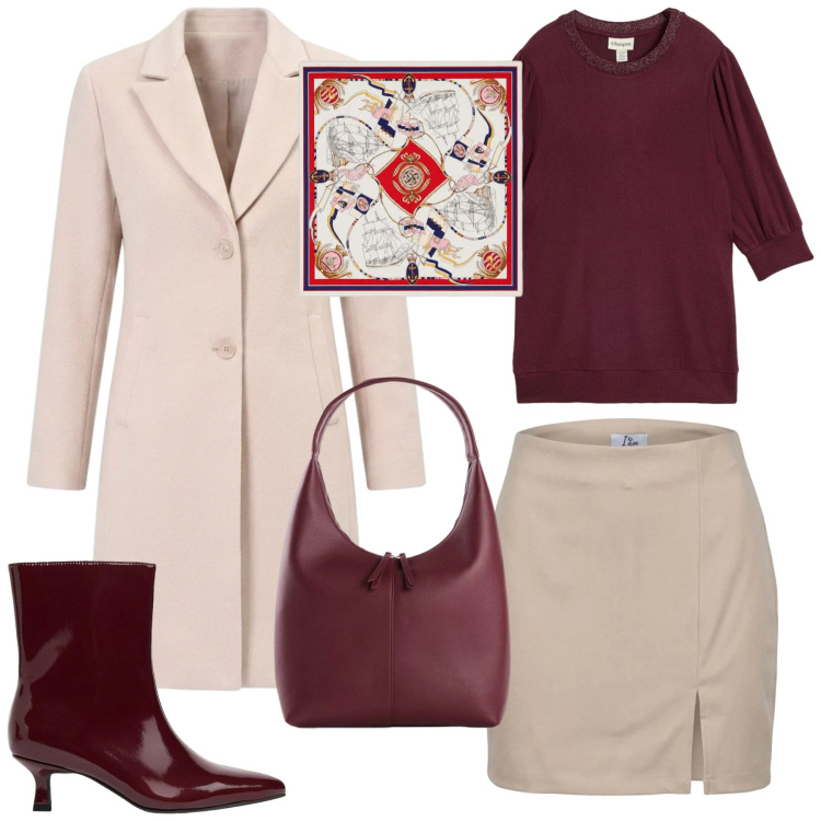 Outfit donna - City. Stile Casual chic per Tutti i giorni. Abbinamento con minigonne, foulard, cappotti, maglieria, stivaletti, borse a mano.